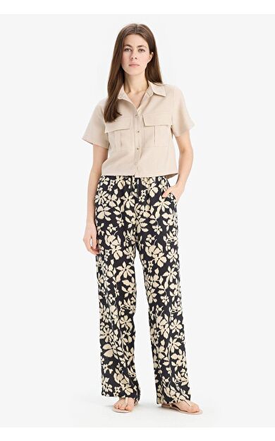DeFacto Florida Desenli Viskon Kumaş Pantolon Cepli Yüksek Bel Geniş Paça Uzun Boy