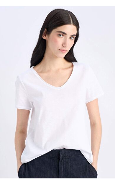 DeFacto Regular Fit V Yaka Basic Düz Kısa Kollu Tişört K1507AZ25SMWT34