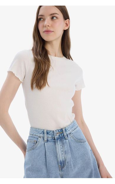 DeFacto Fitted Bisiklet Yaka Basic Düz Fitilli Kaşkorse Kısa Kollu Tişört K7064AZ25SMWT32