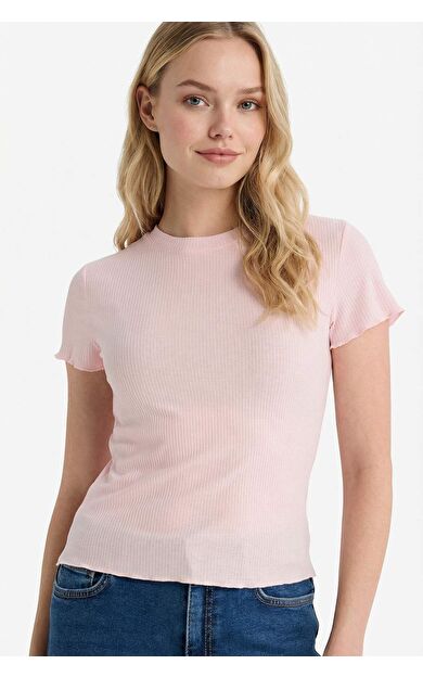 Fıtted Bisiklet Yaka Fitilli Kaşkorse Kısa Kollu Tişört