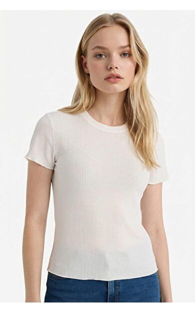 Fıtted Bisiklet Yaka Fitilli Kaşkorse Kısa Kollu Tişört