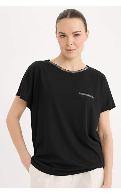 DeFacto Bisiklet Yaka Baskılı Siyah Kısa Kollu Tişört