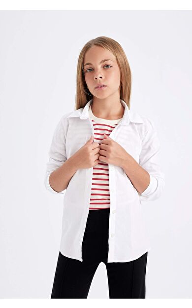 Kız Çocuk Okula Dönüş Slim Fit Bengalin Uzun Kollu Beyaz Gömlek