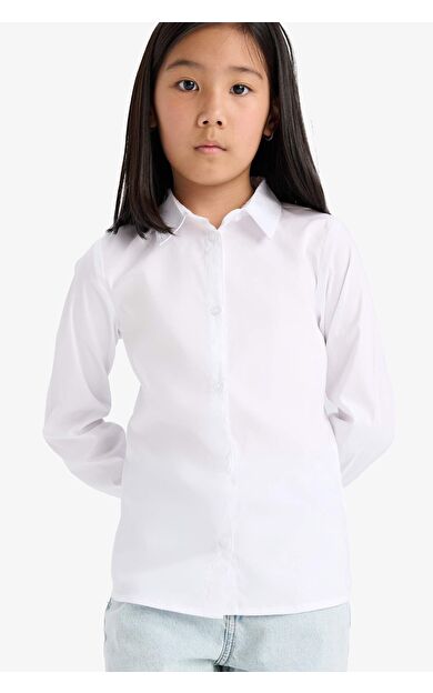 DeFacto Kız Çocuk Okula Dönüş Slim Fit Dar Kesim Bengalin Uzun Kollu Gömlek