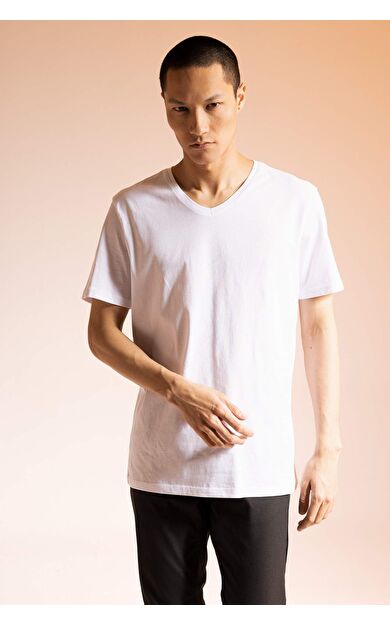 DeFacto Slim Fit V Yaka Basic Kısa Kollu Tişört Beyaz