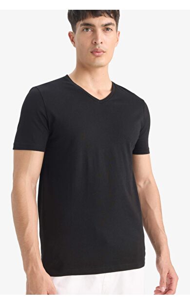 DeFacto Slim Fit Dar Kesim V Yaka Basic Düz Kısa Kollu Tişört M7668AZ25SPBK81