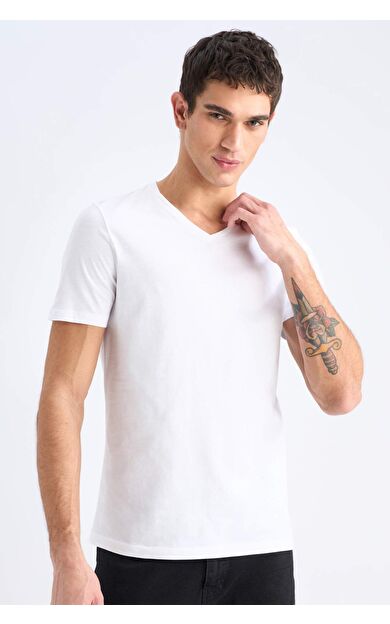 DeFacto Slim Fit Dar Kesim V Yaka Basic Düz Kısa Kollu Tişört M7668AZ25SPWT34