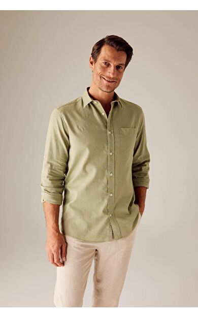 DeFacto Regular Fit Polo Yaka Keten Karışımlı Uzun Kollu Gömlek