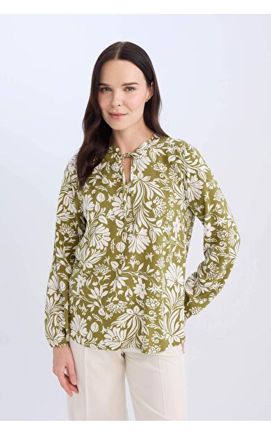 Regular Fit Bisiklet Yaka Desenli Uzun Kollu Bluz