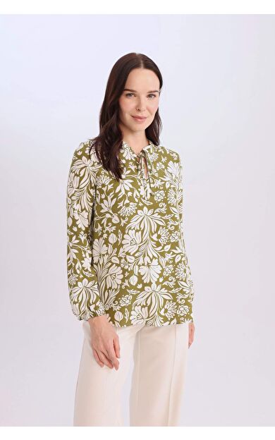 Regular Fit Apaş Yaka Desenli Uzun Kollu Bluz