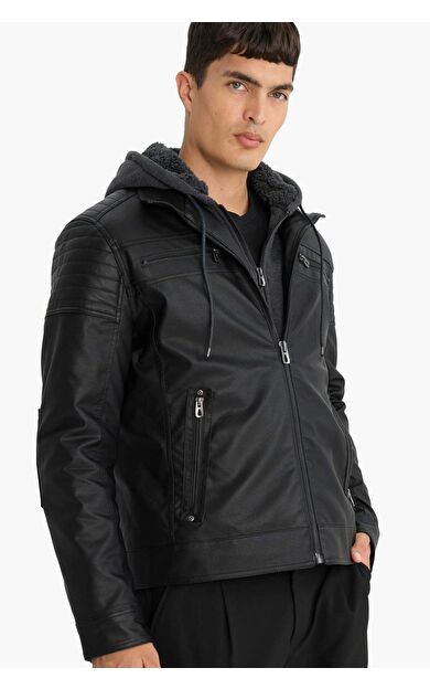 DeFacto Su İtici Slim Fit Dar Kesim Çıkarılabilir Kapüşonlu Pelüş Astarlı Fermuarlı Suni Deri Ceket Mont