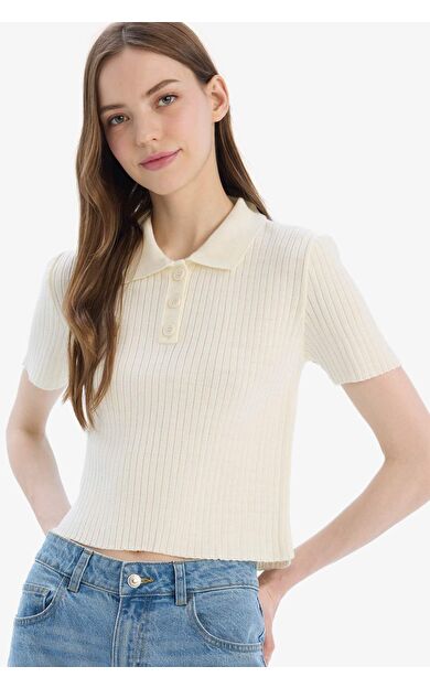 Slim Fit Dar Kesim Polo Yaka Kısa Kollu Kazak