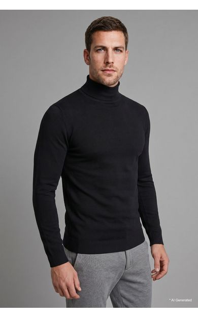 DeFacto Slim Fit Yarım Balıkçı Yaka Basic Triko Kazak Siyah