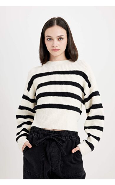 Regular Fit Çizgili Bisiklet Yaka Triko Kazak