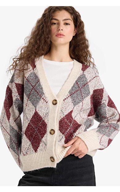 DeFacto Oversize Geniş Kalıp V Yaka Baklava Desenli Düğmeli Triko Hırka