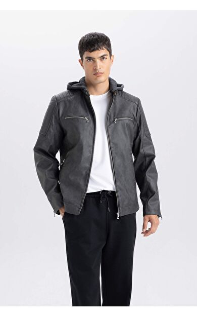 DeFacto Slim Fit Suni Deri Mont Dar Kesim Kapüşonlu Fermuarlı