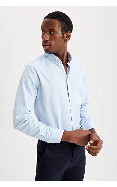 DeFacto Modern Fit Polo Yaka Dokulu Uzun Kollu Pamuklu Gömlek