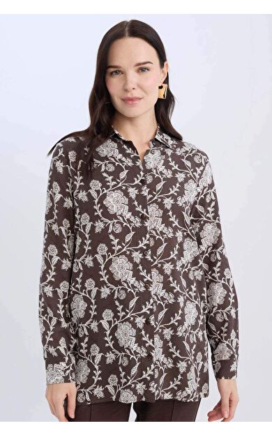 Loose Fit Gömlek Yaka Desenli Uzun Kollu Gömlek Tunik