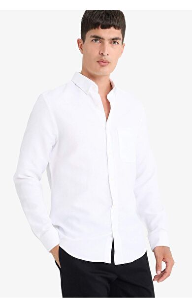 Slim Fit Dar Kesim Polo Yaka Dokulu Uzun Kollu Gömlek
