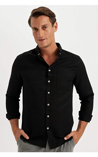 DeFacto Slim Fit Dar Kesim Polo Yaka Dokulu Uzun Kollu Gömlek T2066AZ25SPBK81
