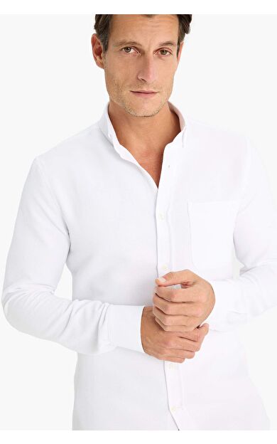 DeFacto Slim Fit Dar Kesim Polo Yaka Dokulu Uzun Kollu Gömlek T2066AZ25SPWT34