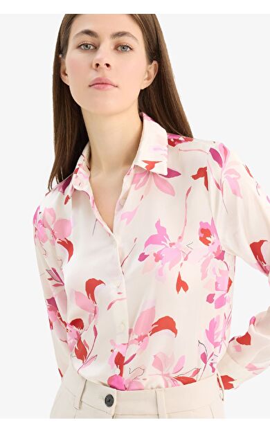 Oversize Geniş Kalıp Desenli Saten Uzun Kollu Gömlek