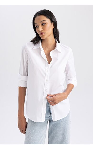 DeFacto Oversize Fit Gömlek Yaka Poplin Uzun Kollu %100 Pamuk Gömlek