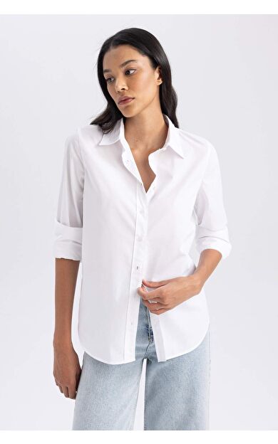 DeFacto Oversize Fit Gömlek Yaka Poplin Uzun Kollu %100 Pamuk Gömlek