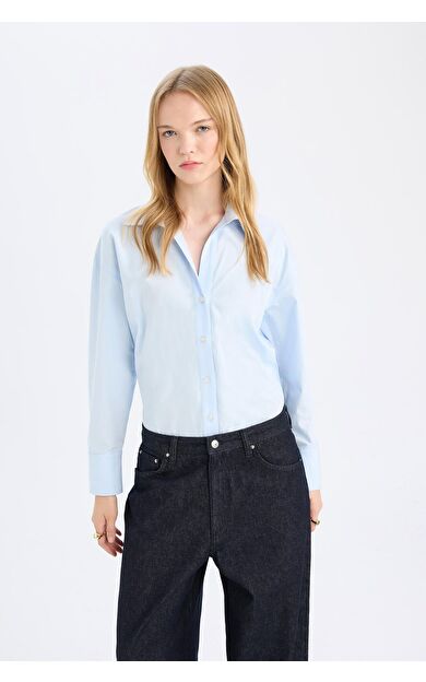 DeFacto Oversize Fit Gömlek Yaka Poplin Uzun Kollu Gömlek