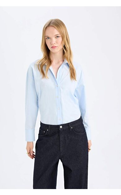 DeFacto Oversize Fit Gömlek Yaka Poplin Uzun Kollu Gömlek