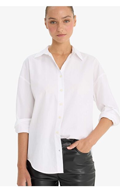 Oversize Geniş Kalıp Gömlek Yaka Poplin Uzun Kollu Gömlek
