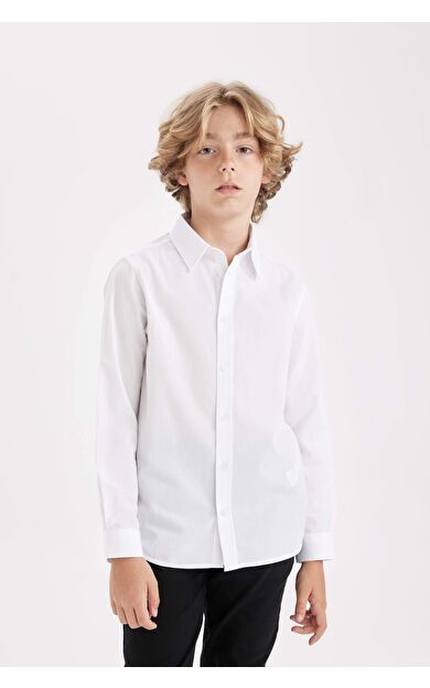 DeFactoFit Erkek Çocuk Polo Yaka Poplin Uzun Kollu Beyaz Okul Gömleği
