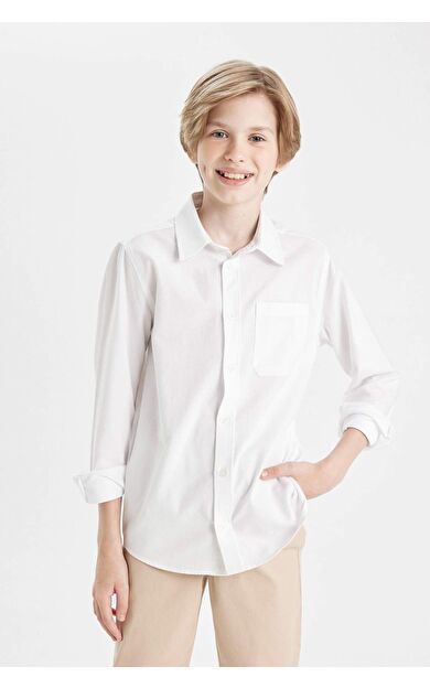 DeFactoFit Erkek Çocuk Polo Yaka Oxford Uzun Kollu Beyaz Okul Gömleği