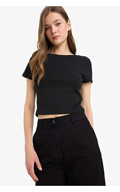 Coool Fitted Bisiklet Yaka Ribana Basic Düz Kısa Kollu Tişört