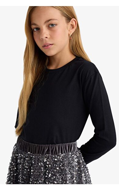 DeFacto Kız Çocuk Bisiklet Yaka Basic Düz Uzun Kollu Okul Tişörtü