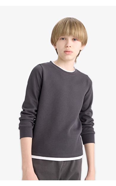 DeFacto Erkek Çocuk Bisiklet Yaka Basic Düz Waffle Uzun Kollu Okul Tişörtü V1186A625AUAR150