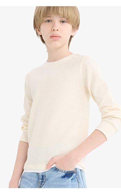 DeFacto Erkek Çocuk Bisiklet Yaka Basic Düz Waffle Uzun Kollu Okul Tişörtü V1186A625AUER103