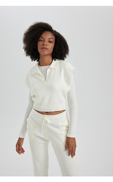DeFacto Polo Yaka Relax Fit Crop Triko Süveter