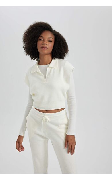 DeFacto Polo Yaka Relax Fit Crop Triko Süveter