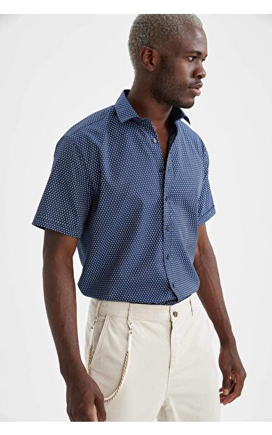 DeFacto Modern Fit Marin Desenli Kısa Kollu Gömlek