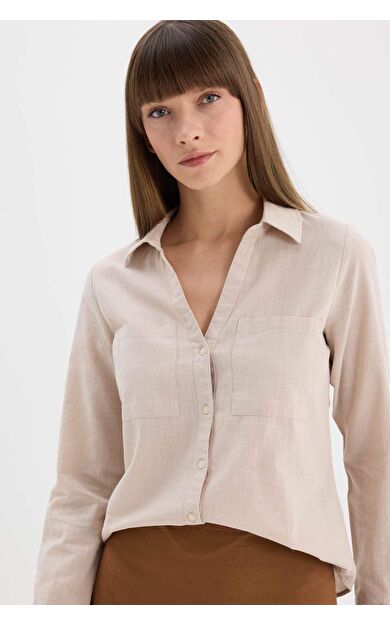DeFacto Regular Fit Basic Düz Keten Karışımlı Uzun Kollu Gömlek V2522AZ25SPBG778
