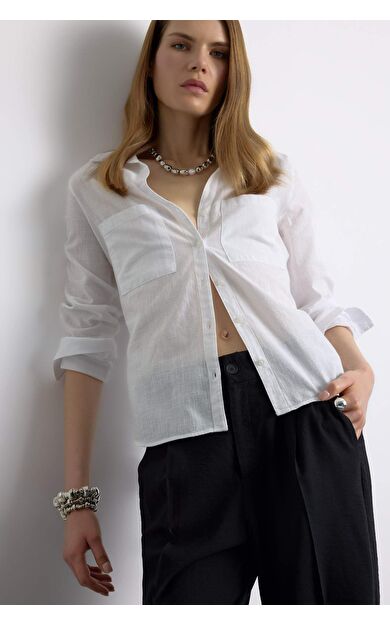 DeFacto Regular Fit Basic Düz Keten Karışımlı Beyaz Uzun Kollu Gömlek