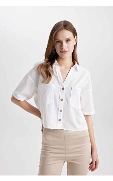 DeFacto Boxy Fit Gömlek Yaka Keten Karışımlı Kısa Kollu Gömlek V2523AZ24SMWT34