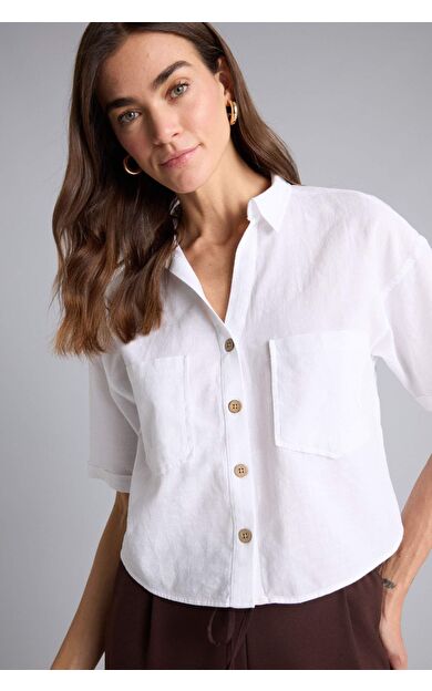 Boxy Fıt Gömlek Yaka Keten Karışımlı Kısa Kollu Gömlek