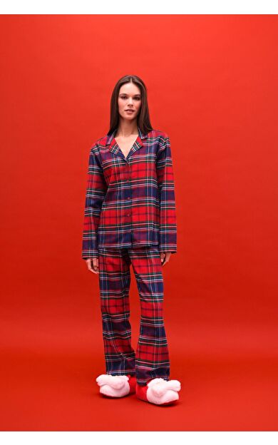 DeFacto Regular Fit Kareli Uzun Kollu 2'li Flanel Takım Fall in Love