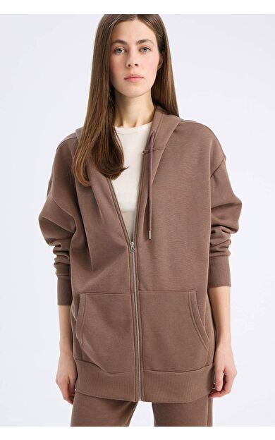 DeFacto Oversize Geniş Kalıp Kapüşonlu Cepli Basic Düz Fermuarlı Sweatshirt V4233AZ25SPBN534