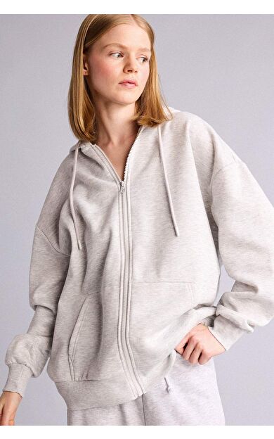 DeFacto Oversıze Kapüşonlu Kalın Kumaş Gri Melanj Sweatshirt