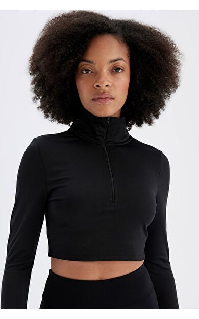 DeFacto DeFactoFit Slim Fit Fermuarlı Dik Yaka Uzun Kollu Tişört