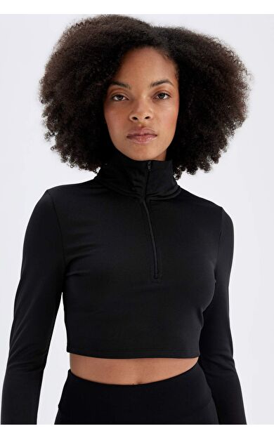 DeFactoFit Slim Fit Fermuarlı Dik Yaka Uzun Kollu Tişört