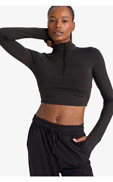 DeFactoFit Slim Fit Dar Kesim Fermuarlı Dik Yaka İçi Yumuşak Tüylü Esnek Kumaş Uzun Kollu Tişört